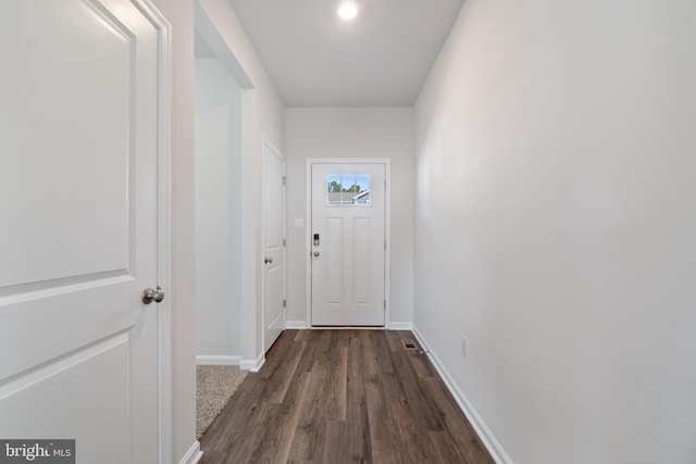 doorway to outside featuring dark wood-type flooring