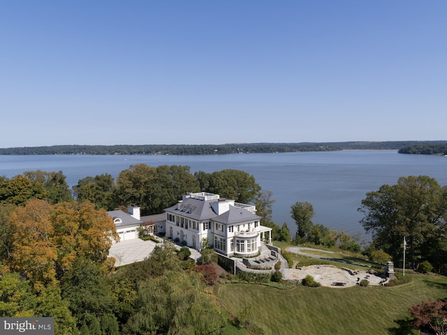 drone / aerial view with a water view