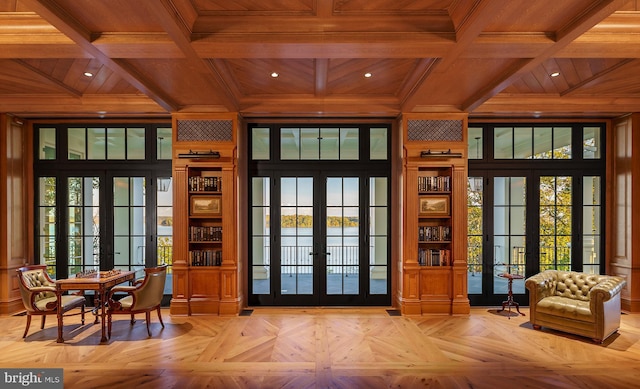 entryway featuring french doors, wood ceiling, and coffered ceiling