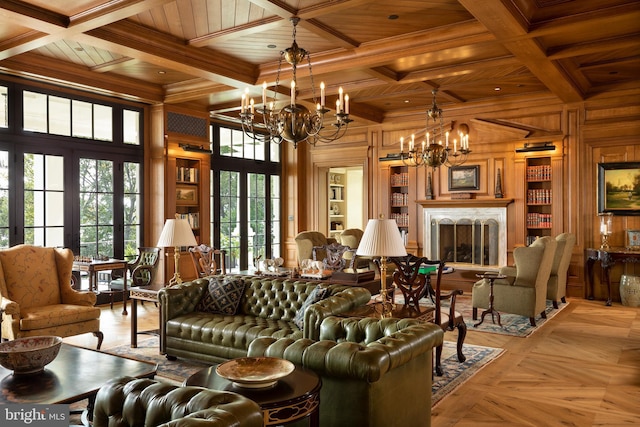 living room with french doors, parquet floors, wood ceiling, an inviting chandelier, and wood walls