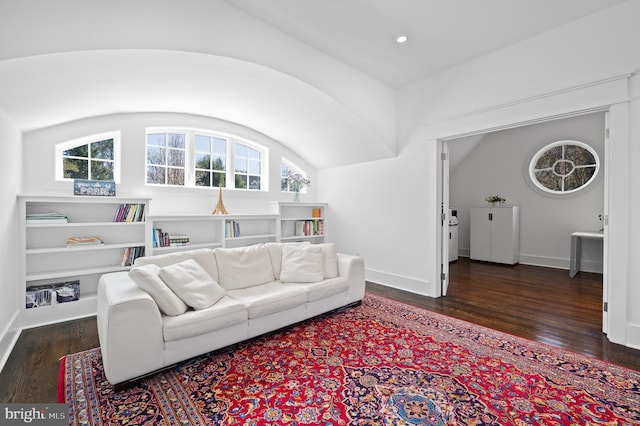 living room featuring dark hardwood / wood-style flooring and lofted ceiling