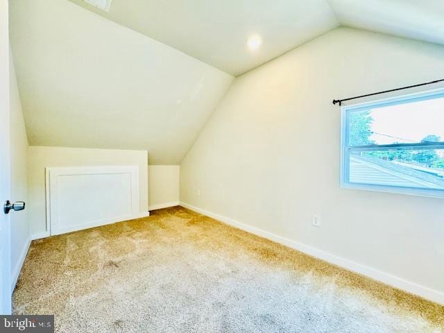 additional living space with light colored carpet and lofted ceiling