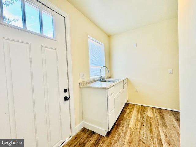 laundry area with light hardwood / wood-style floors and sink