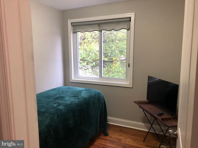 bedroom with dark hardwood / wood-style flooring and multiple windows