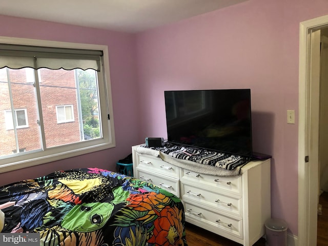 bedroom with dark hardwood / wood-style floors