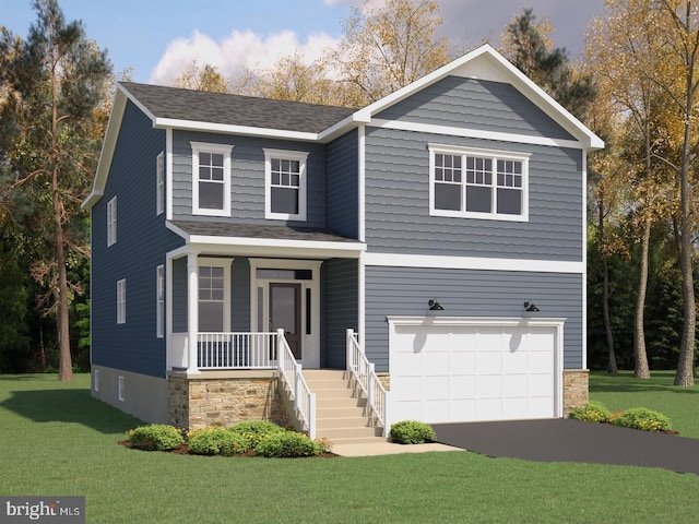 view of front of property featuring a porch, a garage, and a front lawn