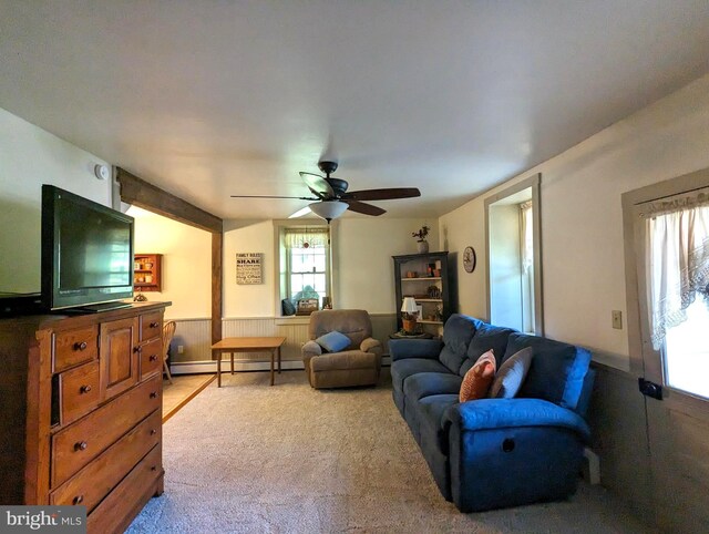 living room with ceiling fan, plenty of natural light, and a baseboard radiator