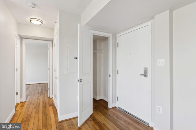 hallway with light hardwood / wood-style floors and electric panel