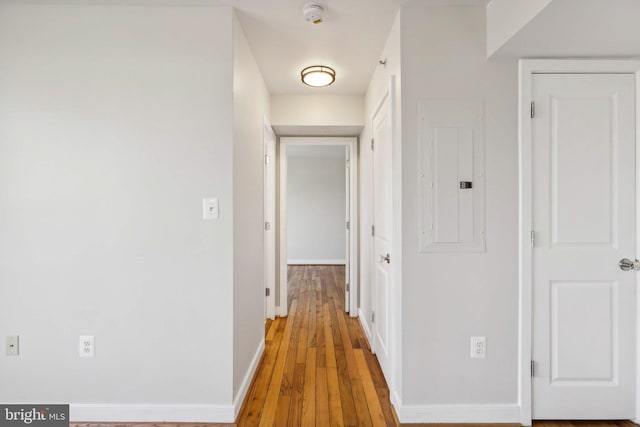 corridor featuring wood-type flooring and electric panel