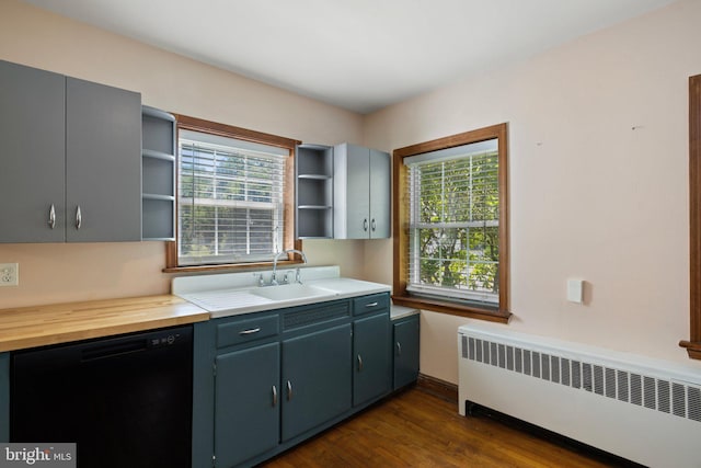 kitchen featuring radiator, sink, dark wood-type flooring, and black dishwasher