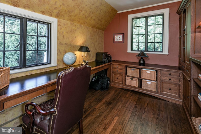 office space with lofted ceiling, ornamental molding, and dark wood-type flooring