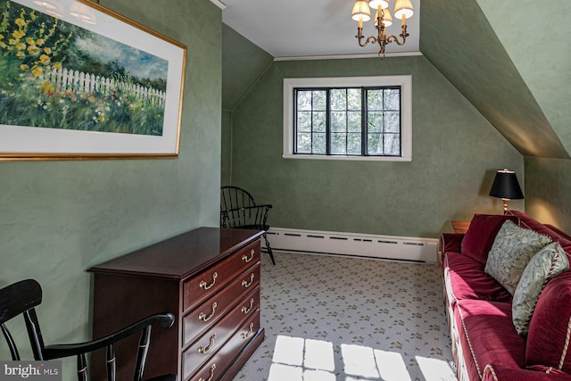 interior space with ornamental molding, vaulted ceiling, a baseboard heating unit, and a chandelier