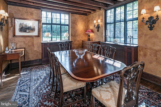 dining room featuring dark wood-type flooring and beam ceiling