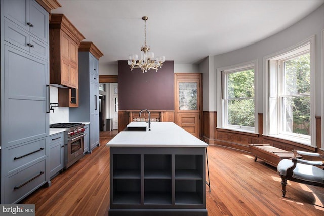 kitchen featuring gray cabinets, sink, dark hardwood / wood-style flooring, hanging light fixtures, and stainless steel range