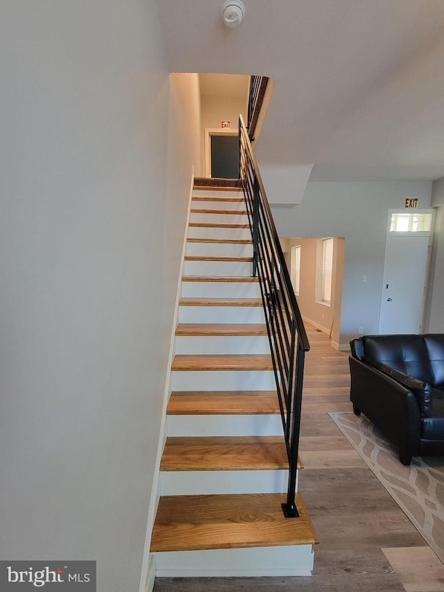 stairway with hardwood / wood-style flooring