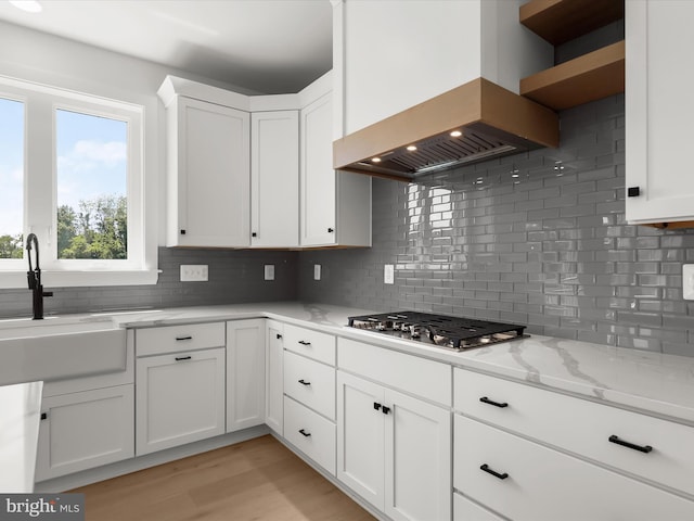 kitchen with backsplash, premium range hood, sink, light stone countertops, and white cabinetry