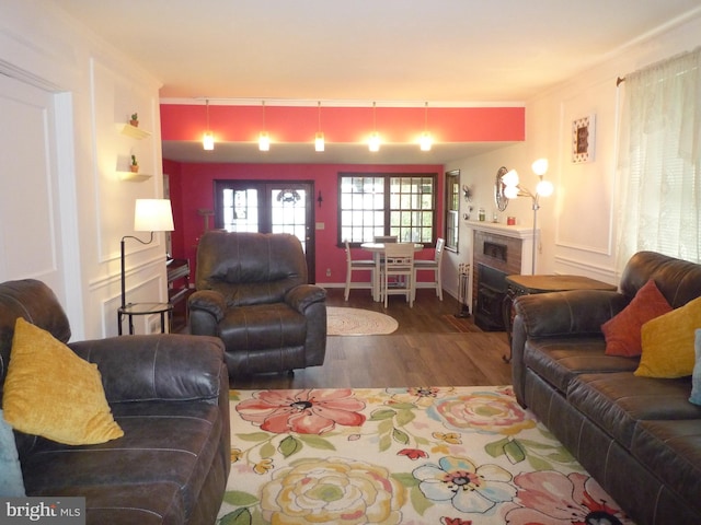 living room featuring dark hardwood / wood-style floors and a fireplace