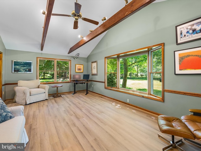 living room with light wood-type flooring, vaulted ceiling with beams, and ceiling fan