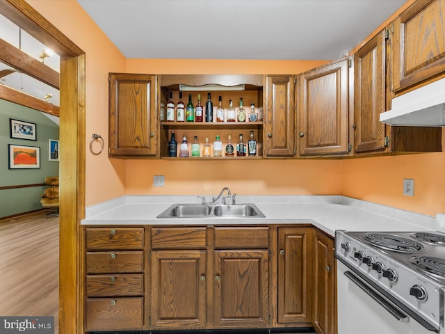 kitchen with range, light hardwood / wood-style flooring, and sink