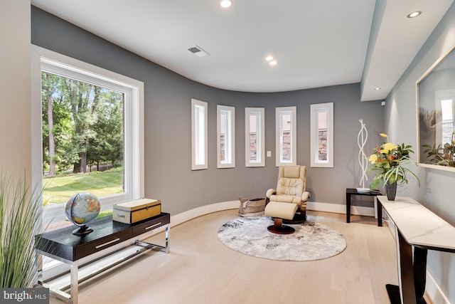 living area with light hardwood / wood-style flooring