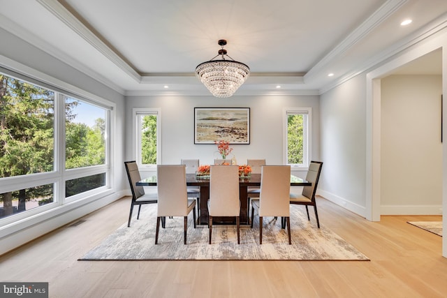 dining area with a chandelier, plenty of natural light, and a tray ceiling