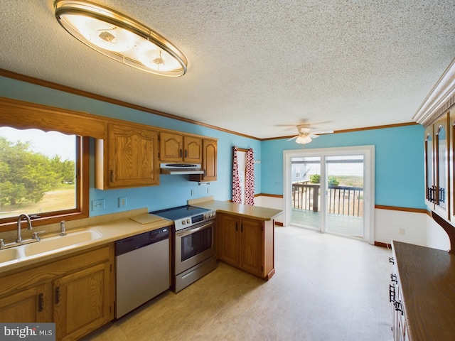 kitchen featuring sink, crown molding, kitchen peninsula, and appliances with stainless steel finishes