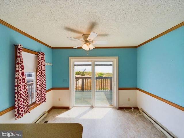 interior space featuring a baseboard heating unit, a textured ceiling, ornamental molding, and ceiling fan