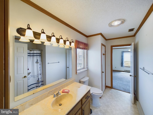 bathroom with vanity, ornamental molding, a textured ceiling, curtained shower, and toilet