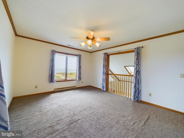 spare room featuring a baseboard heating unit, ornamental molding, ceiling fan, and carpet