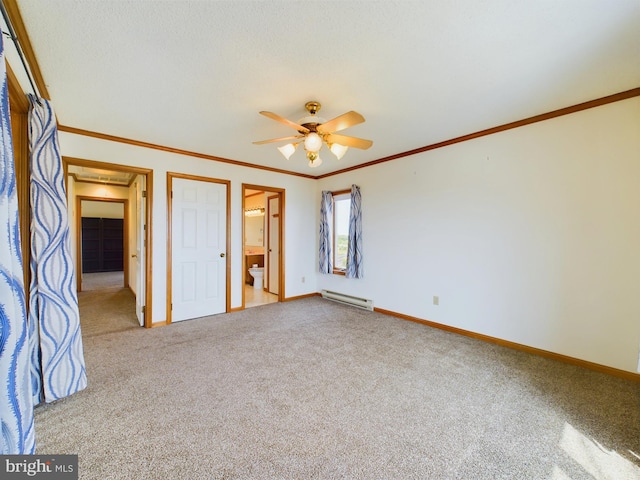 unfurnished bedroom with connected bathroom, crown molding, light carpet, a baseboard radiator, and ceiling fan