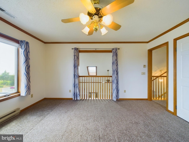 carpeted empty room featuring ornamental molding and a baseboard radiator