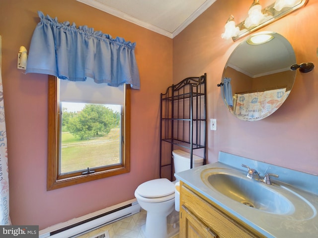 bathroom with vanity, a baseboard heating unit, crown molding, and toilet