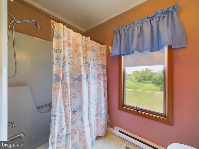 bathroom with ornamental molding, curtained shower, and a baseboard heating unit