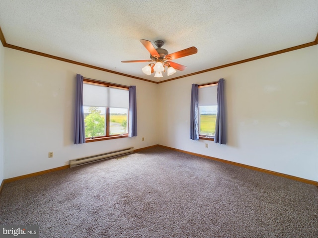 empty room featuring carpet flooring, ceiling fan, baseboard heating, crown molding, and a textured ceiling