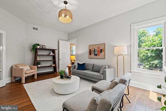 living room with dark hardwood / wood-style floors