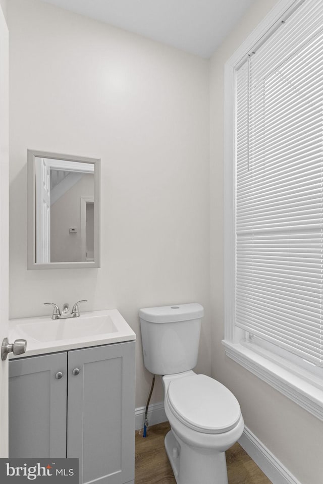 bathroom featuring hardwood / wood-style flooring, vanity, and toilet