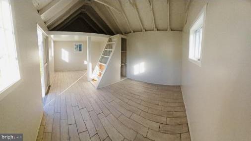 interior space featuring light hardwood / wood-style floors and lofted ceiling