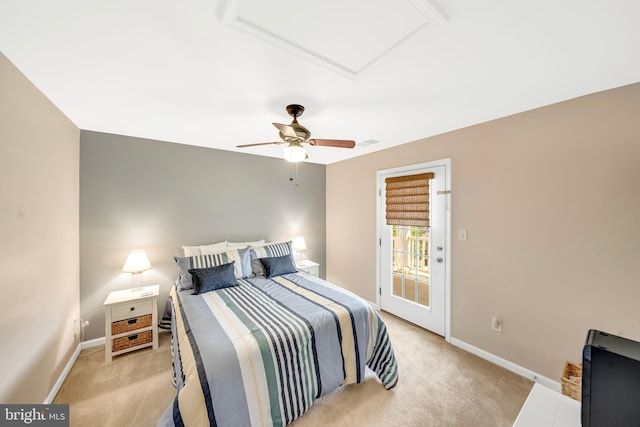 carpeted bedroom with ceiling fan and access to outside