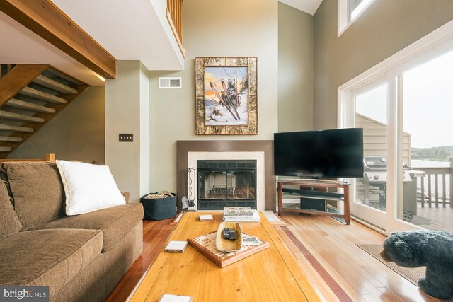 living room with wood-type flooring and a towering ceiling