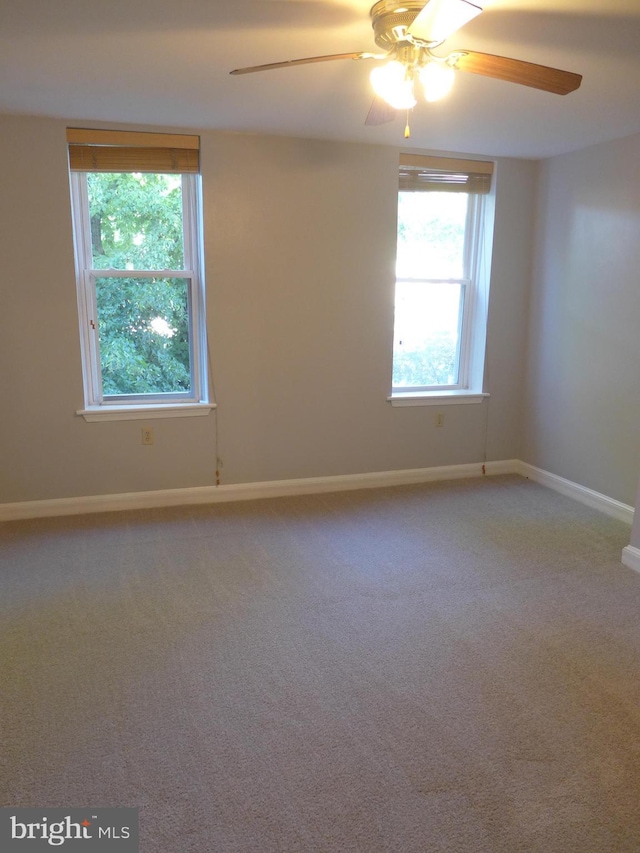 empty room with ceiling fan, carpet floors, and a wealth of natural light