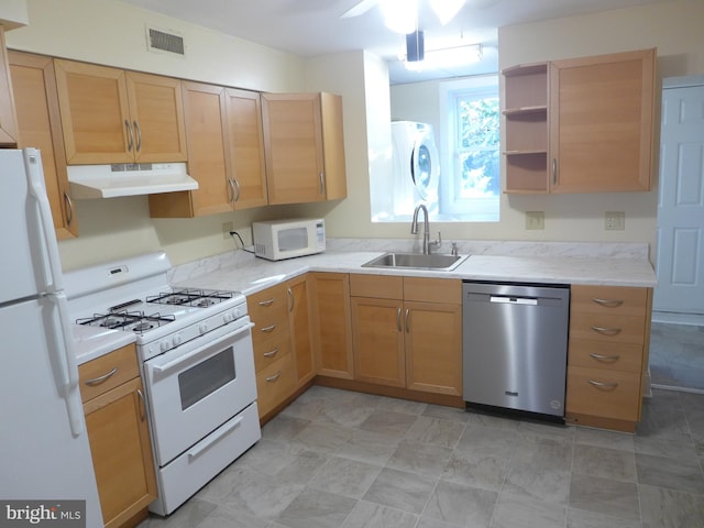 kitchen with ceiling fan, sink, and white appliances