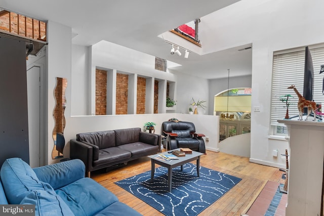 living room featuring rail lighting and light wood-type flooring