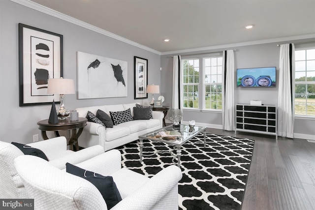 living room with dark hardwood / wood-style flooring and ornamental molding