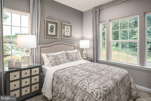 carpeted bedroom featuring multiple windows