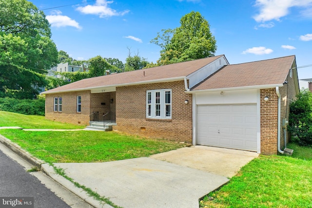 single story home featuring a front yard and a garage