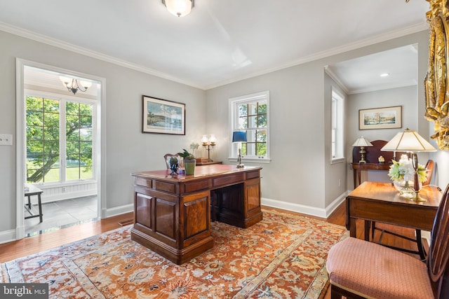 office area with wood finished floors, a healthy amount of sunlight, and baseboards