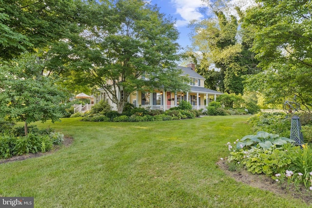 view of yard featuring covered porch