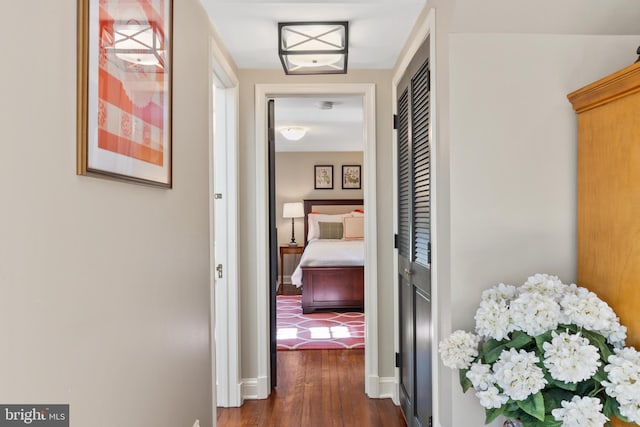 corridor featuring dark wood-style flooring