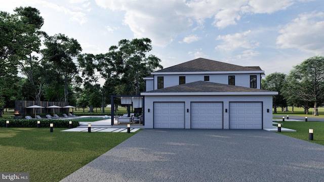 exterior space featuring a garage and a front lawn