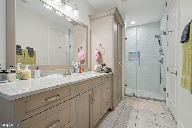 bathroom with tile patterned floors, vanity, and a shower with shower door